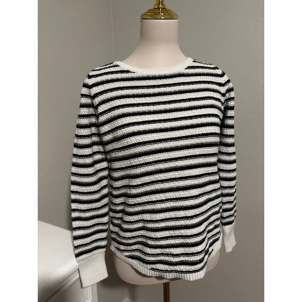 Striped Sweater Crewneck Black White Textured Knit Pullover Size Medium Loft